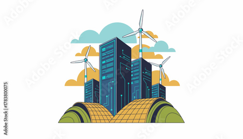 Green Data Center and Renewable Energy Concept. Vector illustration of server racks powered by wind turbines, symbolizing sustainable cloud computing and Green IT.