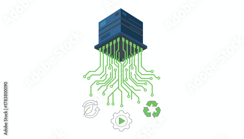 Green Technology and Sustainable Data Processing. Isometric server connected to circuit board with recycling and efficiency symbols.