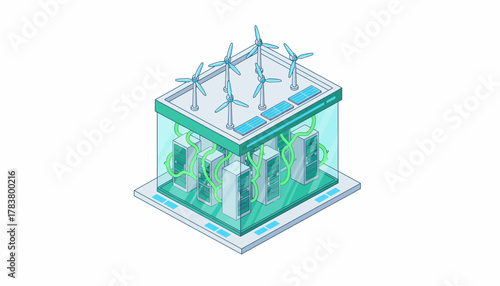 Sustainable Data Center Powered by Renewable Energy - Isometric Server Infrastructure with Wind Turbines and Solar Panels