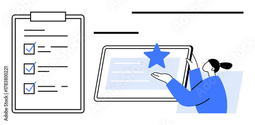 Clipboard with completed checklist, tablet displaying a star, and person interacting. Ideal for organization, productivity, technology, success, project management evaluation achievement. Simple
