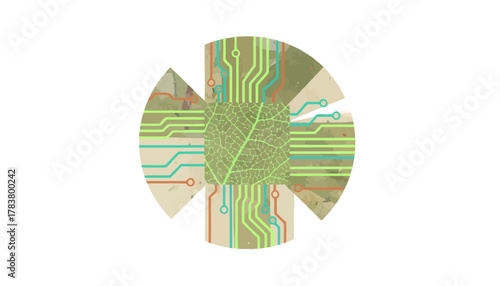 Sustainable Technology Concept: Leaf Texture Integrated with Digital Circuit Lines on White Background.