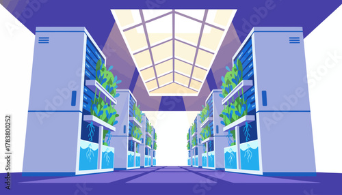 Green Data Center Hallway: Eco-Friendly Server Racks Integrated with Hydroponic Vertical Farming
