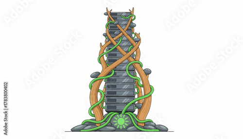 Sustainable Server Stack: Eco-Friendly Data Center Concept Protected by Vines, Wood, and Natural Energy Source.