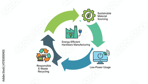Circular Economy for Electronics: Sustainable Manufacturing, Low Power Usage, and Responsible E-Waste Recycling Lifecycle Diagram