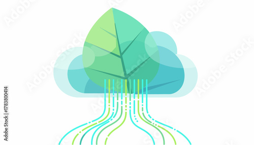 Sustainable Technology Cloud Computing Concept. Eco-Friendly Data Flow, Green IT, and Environmental Conservation Network Illustration.