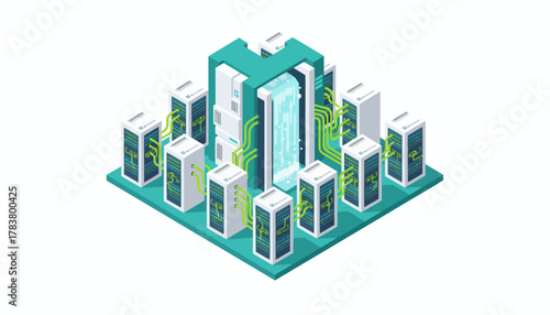 Liquid Cooled Server Farm Isometric Illustration - Sustainable Big Data Center Infrastructure