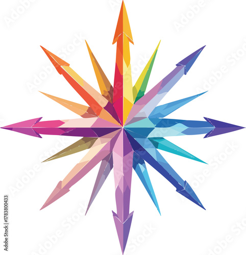 Geometric Compass Made of Colorful Crystals, Pointing Toward Creativity on Minimalist White Background