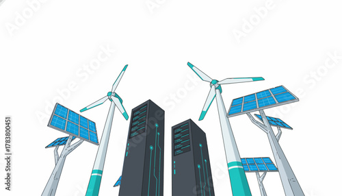 Sustainable Data Centers Utilizing Wind Turbines and Solar Panels. Eco-friendly computing and clean energy technology illustration.