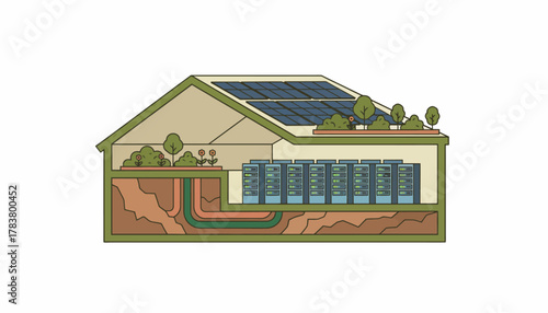 Green Data Center Infrastructure Powered by Solar Energy and Geothermal Cooling: Sustainable Server Farm Diagram