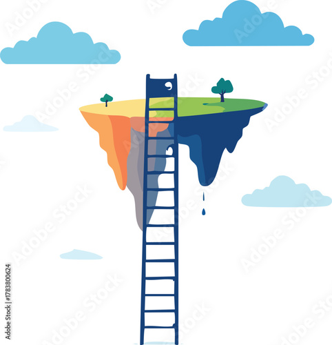Ladder Connecting Two Floating Islands in the Sky Representing Ambition Concept