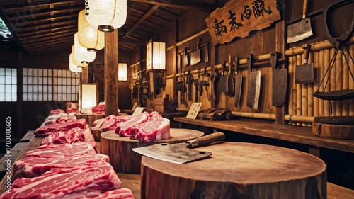 Traditional Japanese butcher shop with raw meat cuts on a wooden counter, concept of retro asian market food.