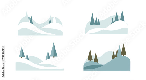 Charming Winter Landscape Collection Four Stylized Snowy Scenes with Pine Trees and Rolling Hills Perfect for Holiday Graphics and Seasonal Design Elements