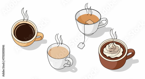 Diverse Hot Beverages Collection Coffee Tea Hot Chocolate Latte Cups Isolated on White Background Perfect for Cafe Menus Lifestyle Blogs Breakfast Concepts