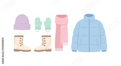 Cozy Winter Essentials Flat Lay Beanie Mittens Scarf and Puffer Jacket Set for Cold Weather Protection