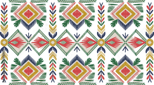 Vibrant ethnic geometric pattern with diamond shapes and floral motifs