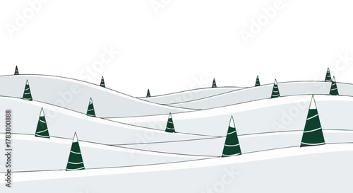 Abstract Winter Landscape with Rolling Snow Covered Hills and Stylized Pine Trees