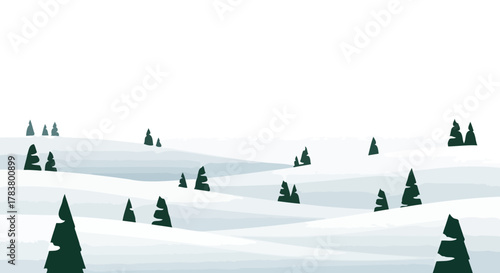 Minimalist Winter Landscape with Snow Covered Hills and Evergreen Trees Serene Arctic Scene Flat Design Illustration