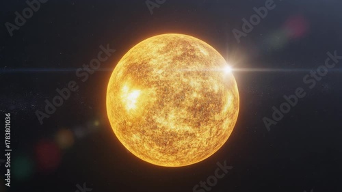 A hyper-realistic 3D rendering of a yellow dwarf star, showcasing its fiery, textured surface and a brilliant solar lens flare in the dark expanse of outer space