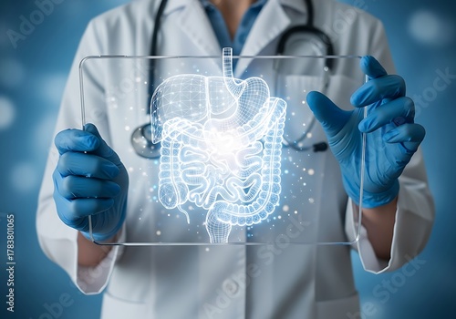 Futuristic medical scan concept where a doctor analyzes the human digestive tract on a glowing digital interface.