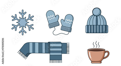 Cozy Winter Essentials Flat Lay Snowflake Mittens Beanie Hat Scarf Hot Drink Icons