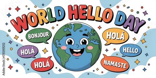 Happy cartoon earth character celebrating world hello day with greetings in multiple languages