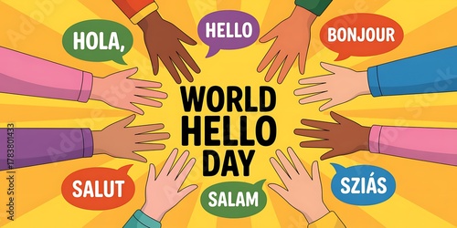 Diverse hands reach out in a circle celebrating world hello day with greetings in many languages