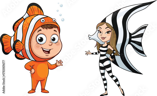 Cute kids wearing fish costumes, clownfish and angelfish characters, underwater theme, marine life education, ocean animals, cartoon illustration, sea world fun