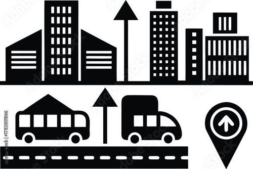 City skyline with buildings, vehicles on road, and navigation pin icon skyscrapers