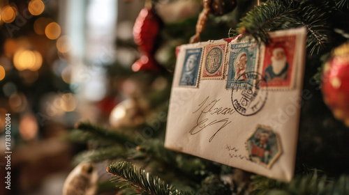 nostalgic letter adorned with vintage stamps and elegant handwriting hangs from a Christmas tree, surrounded by soft festive lights and holiday decorations