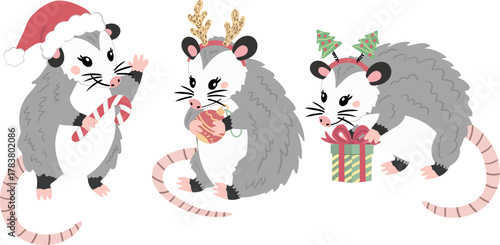 adorable christmas opossums possums new year elements vector set isolated cute  winter holiday characters collection santa hat candy cane reindeer antlers