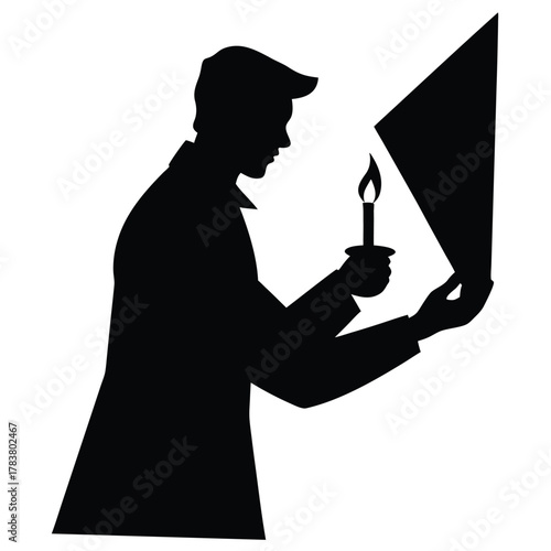 Silhouette of Man Reading Document by Candle Light in Dark Environment Vector