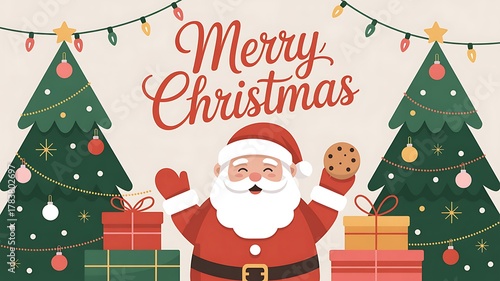 Joyful santa claus with christmas trees and gifts spreading holiday cheer
