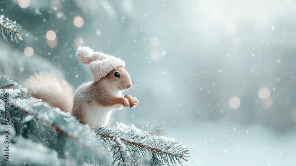 Naklejka premium An cute squirrel wearing a red Christmas hat. 