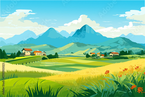 Flat vector illustration of a beautiful countryside landscape. Features golden and green fields, farm houses, and large blue mountains in the background. Blue sky and white clouds