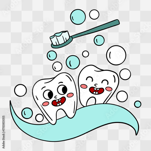 Cute hand-drawn illustration of a happy tooth in toothpaste foam. Adorable dental clipart children’s designs, dental posters, hygiene education materials, stickers, and kids toothbrush packaging