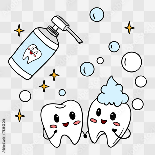 Cute hand-drawn illustration of a happy tooth in toothpaste foam. Adorable dental clipart children’s designs, dental posters, hygiene education materials, stickers, and kids toothbrush packaging