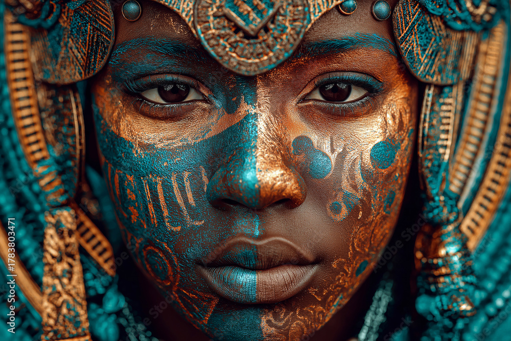 Fototapeta premium Afro-futurism inspired portrait, vibrant tribal patterns blending with metallic textures, cultural fusion aesthetic