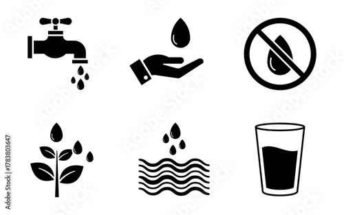 Illustrations of water conservation icons, including a faucet, hand, plant, and glass, emphasizing responsible water usage