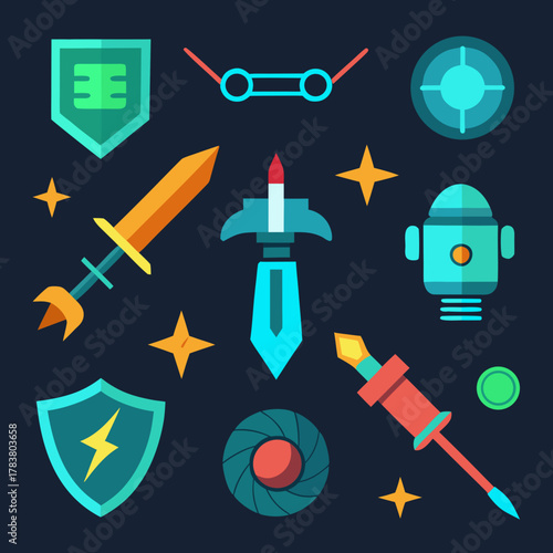 Collection of retro sci fi game icons including swords robots shields and rockets isolated on transparent background isolated on white background silhouette