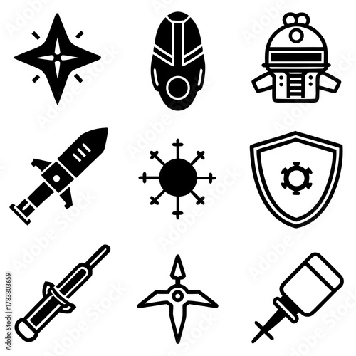 Collection of nine sci fi futuristic weapon and symbol icons silhouette isolated on white background isolated on transparent background