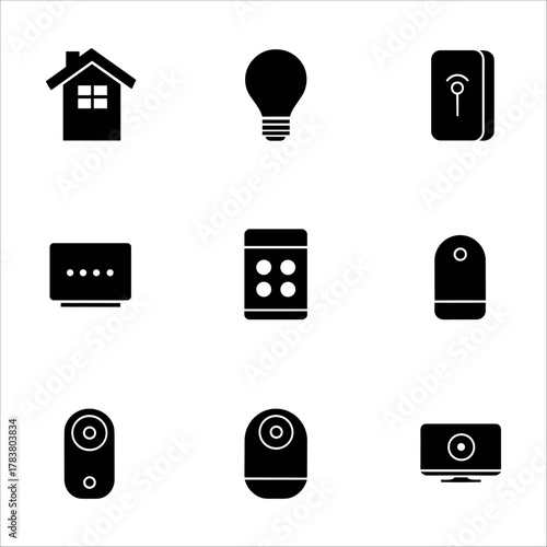 Collection of smart home technology icons, featuring house, light bulb, router, and security devices