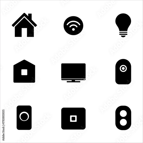 Set of smart home icons, including house, wifi, light bulb, and security camera