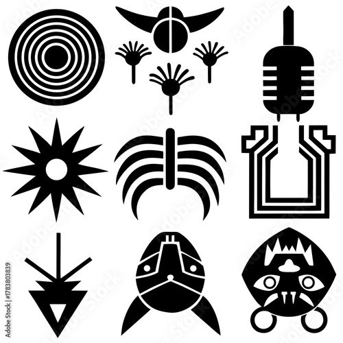 Collection of nine distinctive black geometric symbols and icons isolated on white background isolated on transparent background silhouette