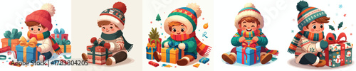 vector of a little boy sit on floor open a Christmas gift