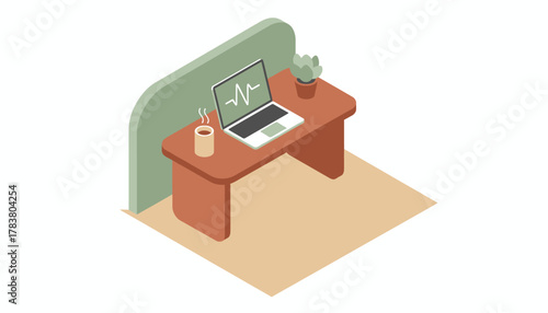 Isometric Workstation Desk: Laptop with Data Wave, Coffee Mug, and Plant. Remote Productivity Concept