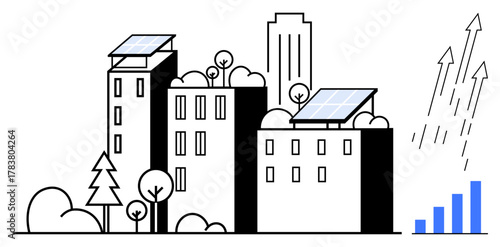 Urban buildings equipped with solar panels, surrounded by trees and greenery. Rising chart signifies progress, sustainability, renewable energy, eco-conscious design, urban growth, environmental