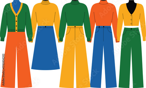 Flat Design Retro 70s Fashion Outfits Vector Set, High Contrast Colorful Sweater and Pant Collection