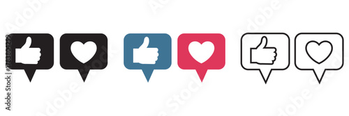 Social media like and heart icons set. Vector set of thumbs up and heart symbols in chat bubbles, representing likes, reactions, and engagement on social media platforms.

