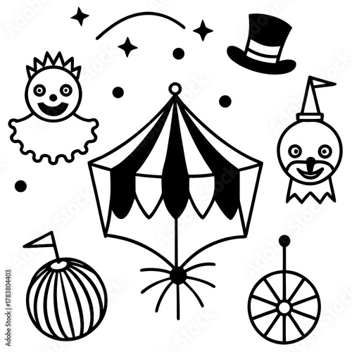 A collection of whimsical circus icons including a tent clowns a top hat and a unicycle isolated on white background isolated on transparent background silhouette