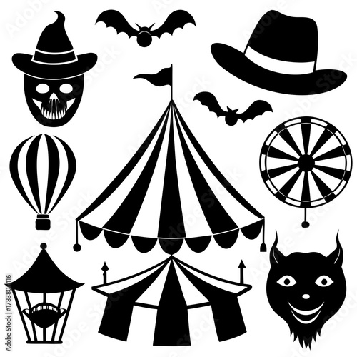 Collection of halloween and circus themed icons including a skull hat bats and a big top tent isolated on white background isolated on transparent background silhouette